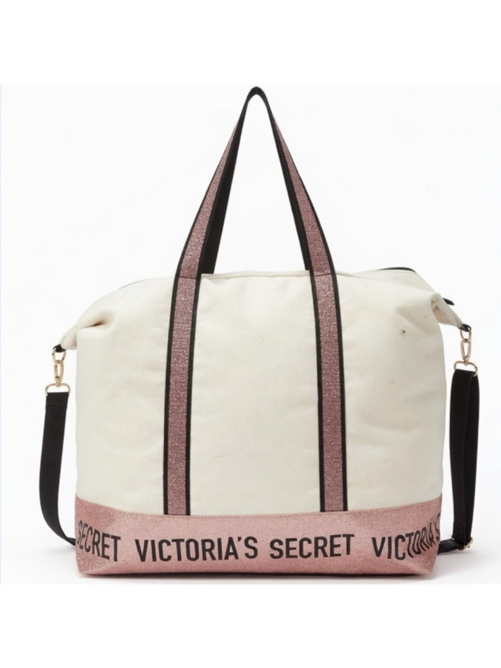 Victoria's Secret Cream and Sparkly Pink Tote Bag Weekend Tote Top Zip Closure
